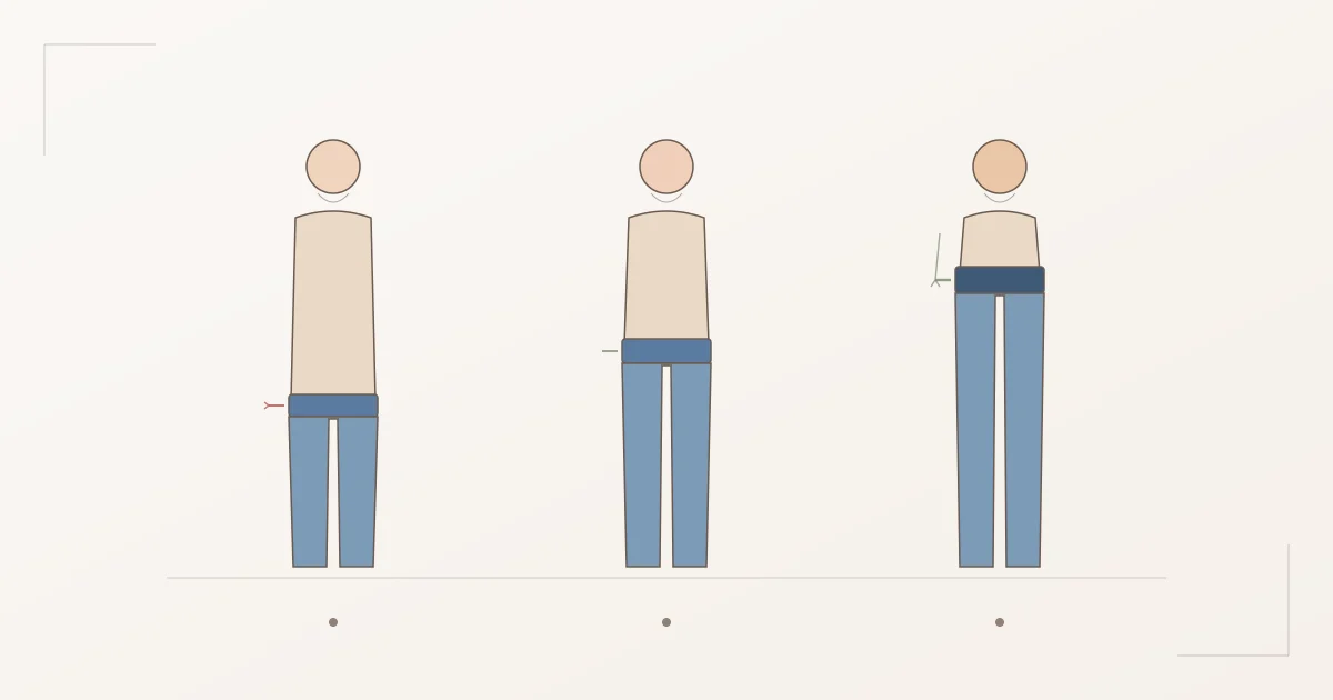 Vergleich der Jeans-Leibhöhen: niedrige, mittlere und hohe Leibhöhe mit dem jeweiligen Sitz des Bundes und der Wirkung auf die optische Beinlänge