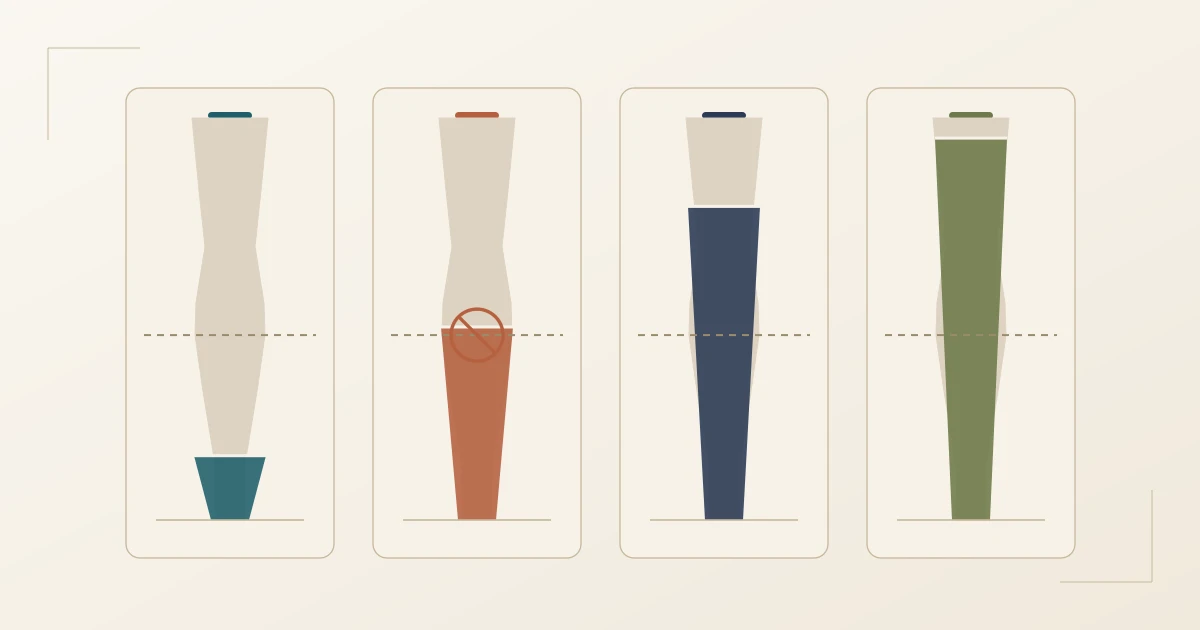Four leg diagrams side by side with different shaft heights: ankle boot at the ankle, mid-height shaft in the danger zone at the widest point of the calf, knee-high boot just below the knee, and over-the-knee boot