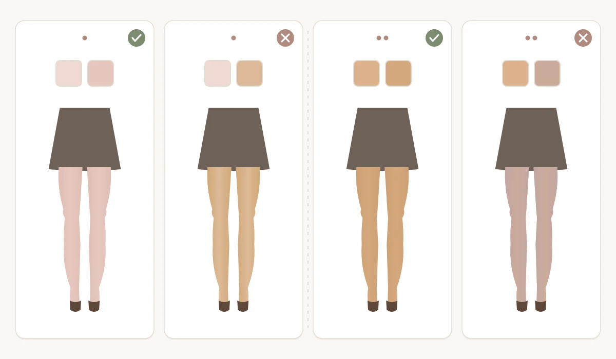 Two skin tones with two nude tights each: light cool skin with rosy tights as a match and with golden beige tights as a miss, warm medium skin with golden beige tights as a match and with greyish rosy tights as a miss, with a skin swatch and a tights swatch above each