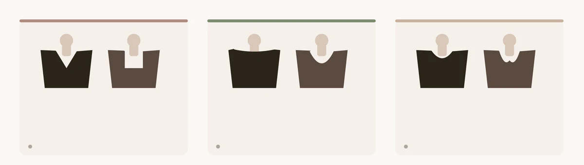 Drei Panels mit Ausschnitt-Silhouetten nach Körperlinie: scharfe Linien mit V-Ausschnitt und eckigem Karree-Ausschnitt, entspannte Linien mit breitem U-Boot-Ausschnitt und tiefem U-Ausschnitt, weiche Linien mit Rundhals und Herz-Ausschnitt