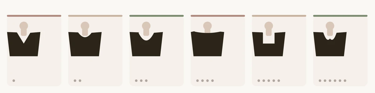 Sechs Ausschnittformen als Silhouetten im Vergleich, jeweils an einer Büsten-Silhouette: spitzer V-Ausschnitt, runder Rundhals, tiefer U-Ausschnitt, breiter flacher U-Boot-Ausschnitt, eckiger Karree-Ausschnitt und herzförmiger Sweetheart-Ausschnitt