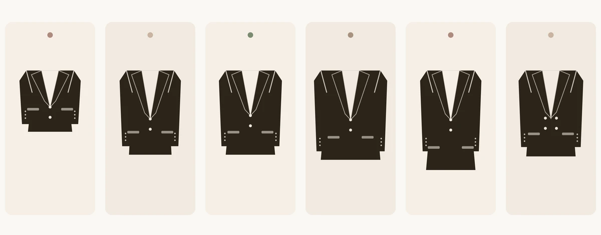 Six blazers side by side in different cuts: cropped, tailored, straight, oversized, longline and double-breasted, each with lapels, buttons and welt pockets