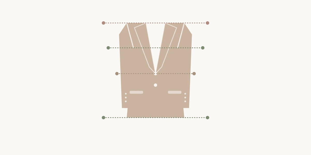 Silhouette of a blazer with lapels, button, welt pockets and sleeve buttons, marked by four horizontal lines: at the shoulder seam, the armhole, the button height and the hem
