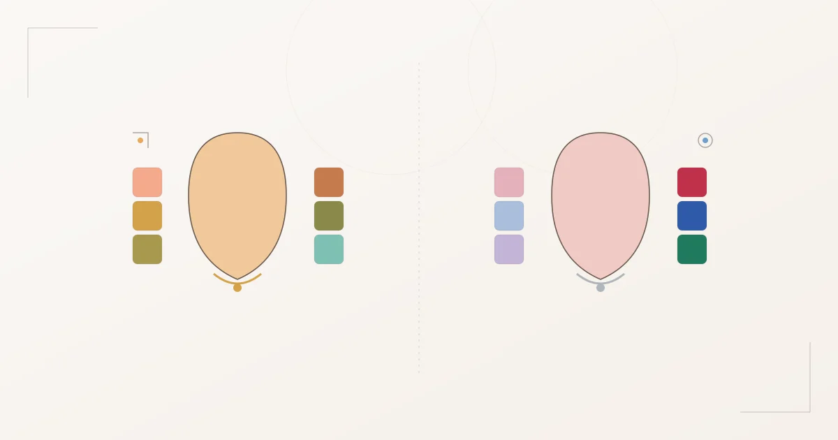 Vergleich zweier Untertöne: links warmer Typ mit goldener Haut, Goldschmuck und warmer Farbpalette, rechts kühler Typ mit rosiger Haut, Silberschmuck und kühler Farbpalette