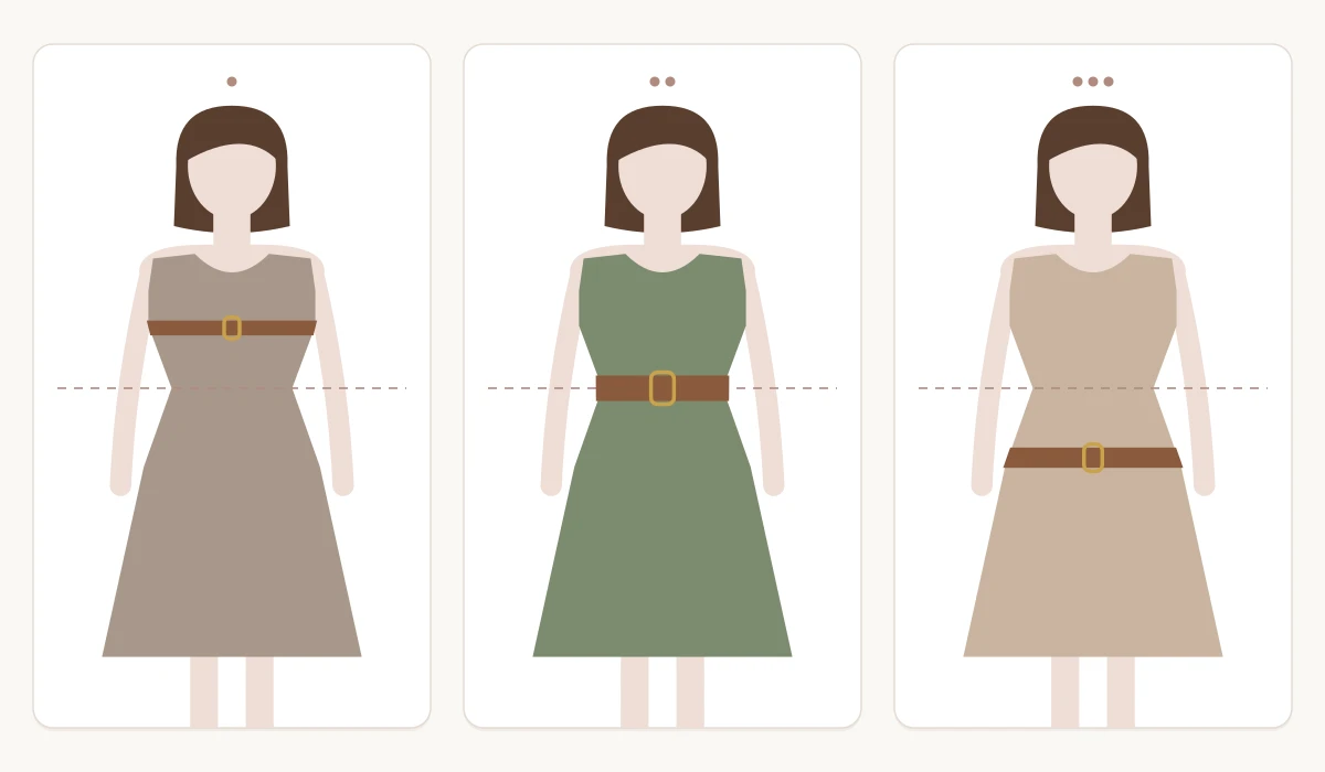 Three women in sleeveless dresses with a dashed line at the level of the natural waist: on the left a skinny belt high directly under the bust, in the middle a medium-width belt exactly on the waist, on the right a belt low on the hips