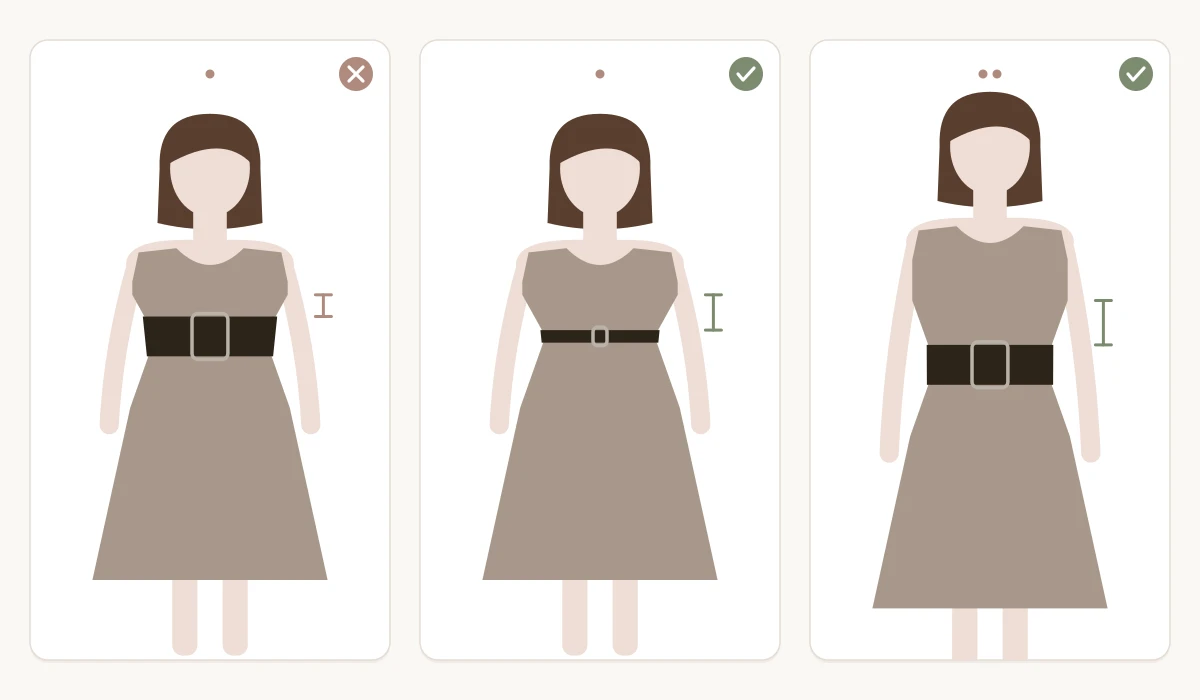 Three women in dresses with a black belt on the waist: on the left a short torso with a wide belt reaching almost to the bust as a miss, in the middle a short torso with a skinny belt and visible distance to the bust as a hit, on the right a long torso with a wide belt and enough distance as a hit