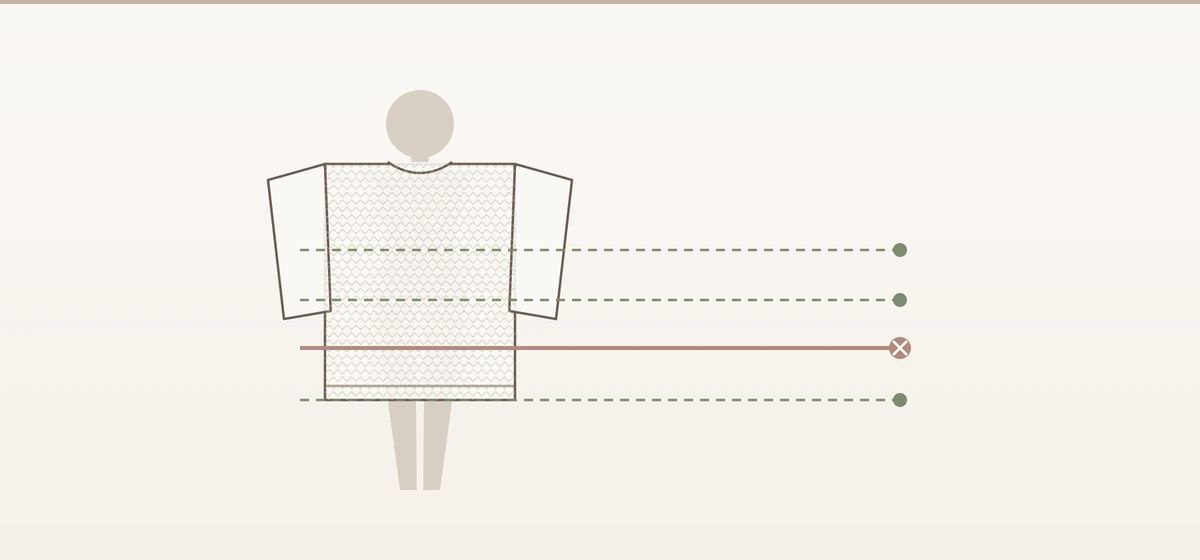 Figurensilhouette mit vier waagerechten Markierungslinien für mögliche Pulloversäume: auf der Taille, auf der hohen Hüfte, auf der breitesten Hüftstelle und deutlich unterhalb davon