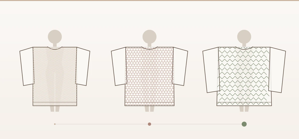 Vergleich von drei Strickstärken nebeneinander: feines, mittleres und grobes Maschenbild, jeweils über einer Figurensilhouette, die zeigt wie stark der Strick die Körperlinie überdeckt
