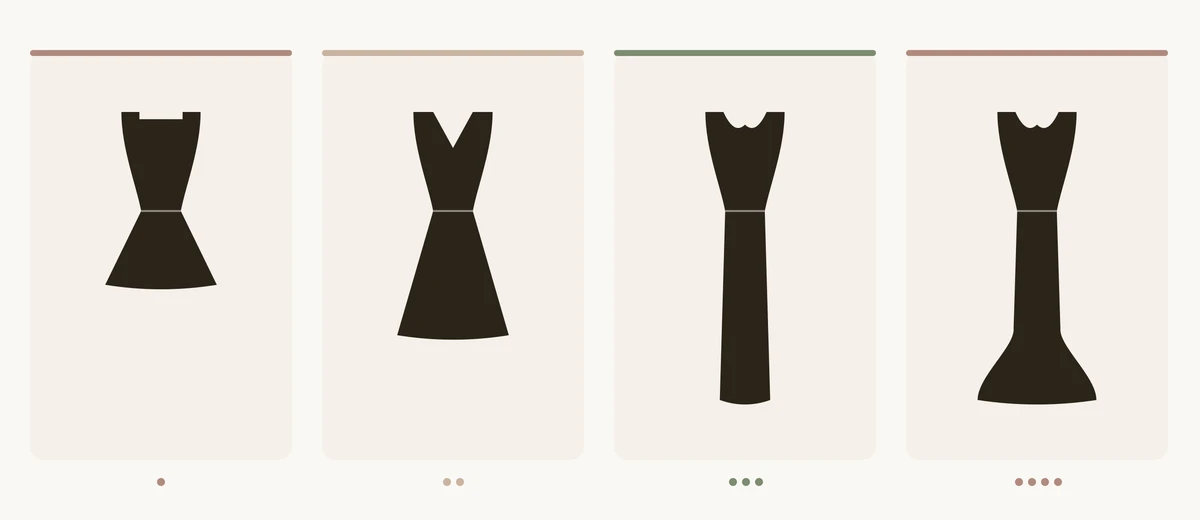 Vier Abendkleid-Silhouetten mit steigender Formalität von links nach rechts: festlich knielang, Cocktail midi, Black Tie bodenlange Säule, White Tie bodenlange Robe mit Meerjungfrau-Linie