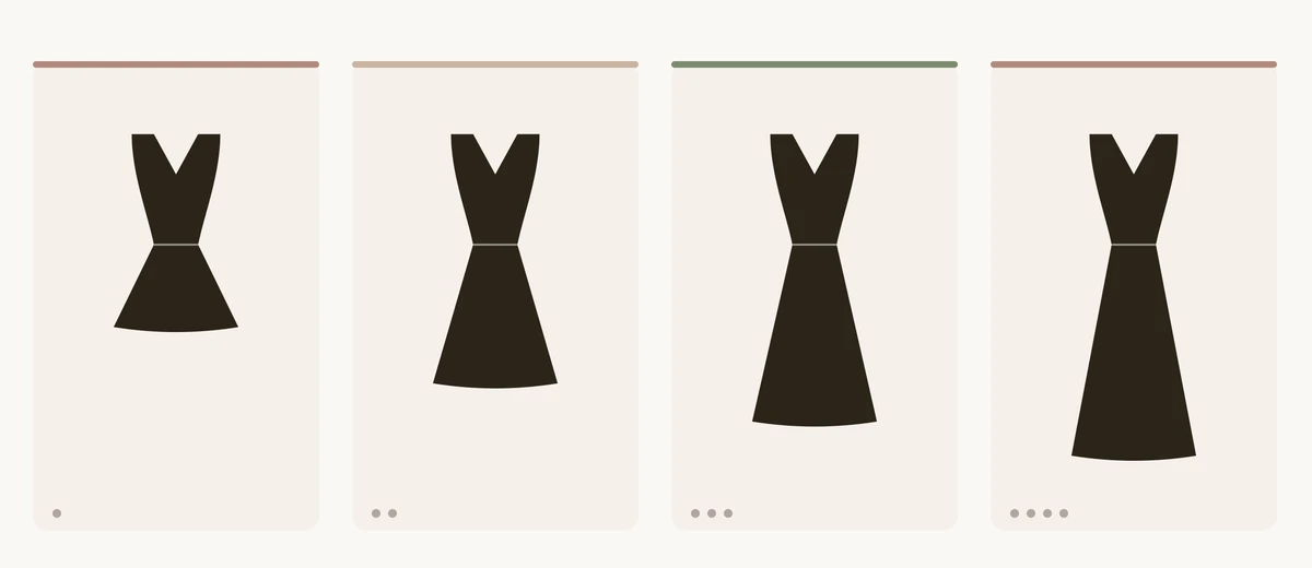 Dasselbe Abendkleid in vier Längen nebeneinander: knielanges Cocktailkleid, midilanges Kleid, wadenlanges Tea-Length-Kleid und bodenlange Abendrobe