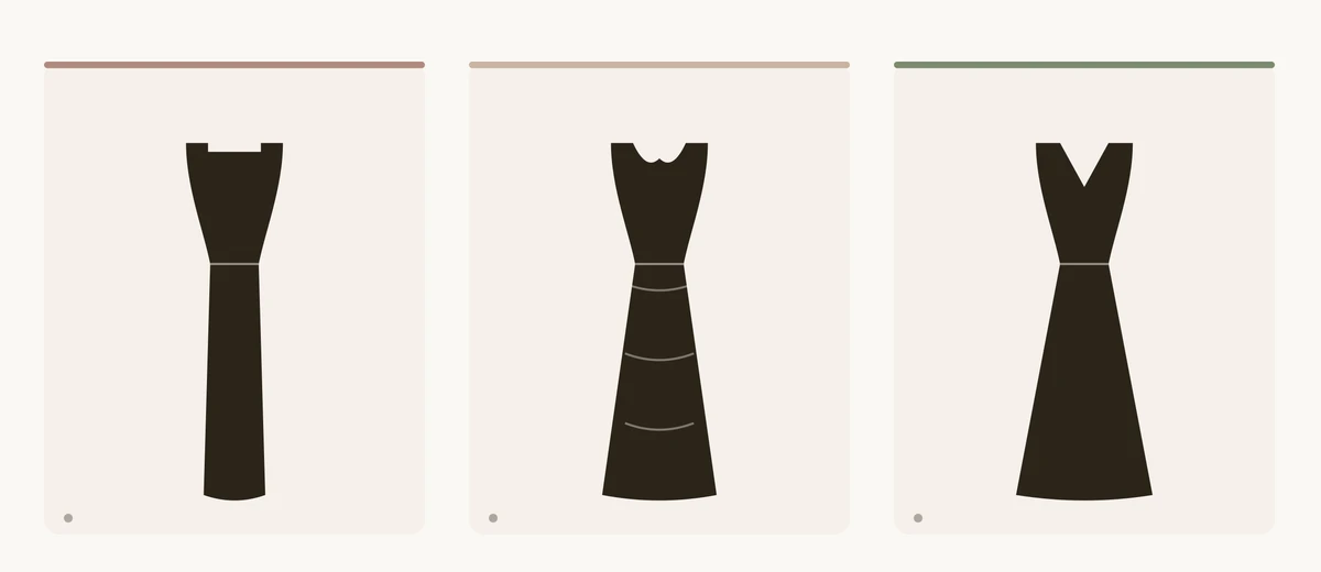 Drei Abendkleid-Silhouetten nach Körperlinie: ein gerades Säulenkleid mit klarem Ausschnitt für scharfe Linien, ein drapiertes Kleid mit Herzausschnitt für weiche Linien, ein fließendes A-Linien-Abendkleid mit V-Ausschnitt für entspannte Linien