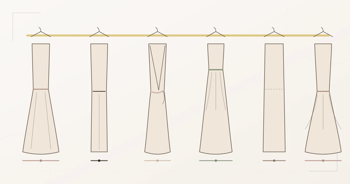 Sechs Kleidformen im Vergleich an einer Kleiderstange: A-Linie mit ausgestelltem Rock, schmales Etuikleid, Wickelkleid mit Bindegürtel, Empirekleid mit hoch angesetzter Taille, gerades Shiftkleid ohne Taillenbetonung und Fit-and-Flare mit enger Taille und weitem Saum