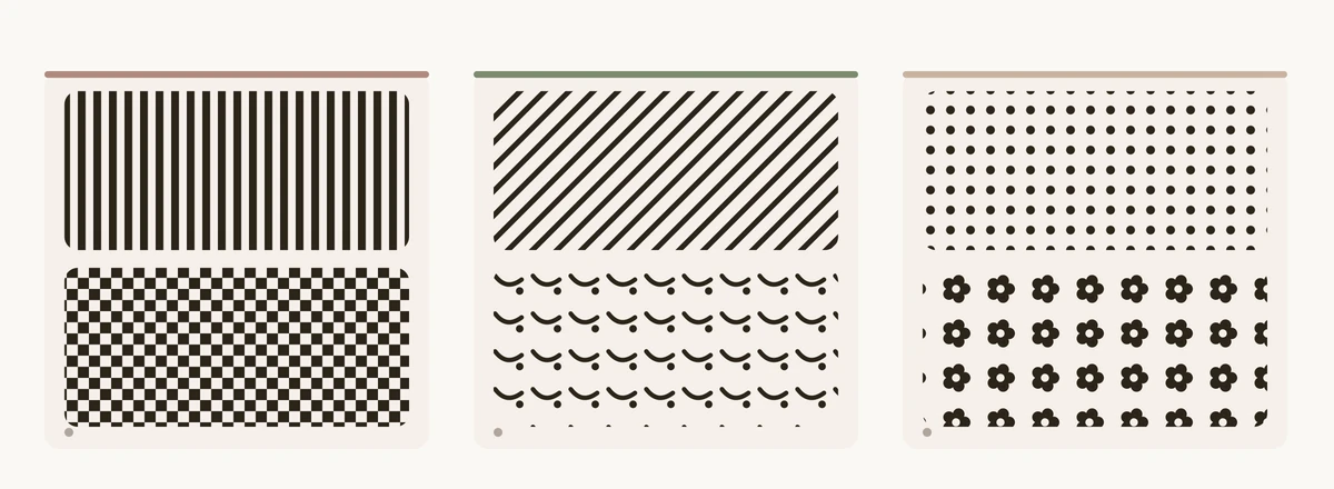 Drei Panels mit Musterproben nach Körperlinie: scharfe Linien mit geometrischen Mustern (Längsstreifen und Karo), entspannte Linien mit unregelmäßigen Mustern (Diagonalen und abstrakte Formen), weiche Linien mit organischen Mustern (Punkte und Blumen)