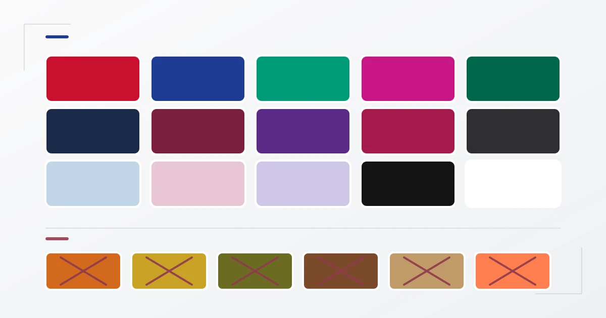 Wintertyp Farbpalette: klare Jewel-Töne (echtes Rot, Royalblau, Smaragd, Magenta, Tannengrün), tiefe kühle Töne (Marine, Burgunder, Violett, Beere, Anthrazit), eisige Pastelltöne plus Reinschwarz und Reinweiß als Ja-Farben; darunter durchgestrichene Warmfarben (Orange, Senf, Oliv, Braun, Camel, Koralle)