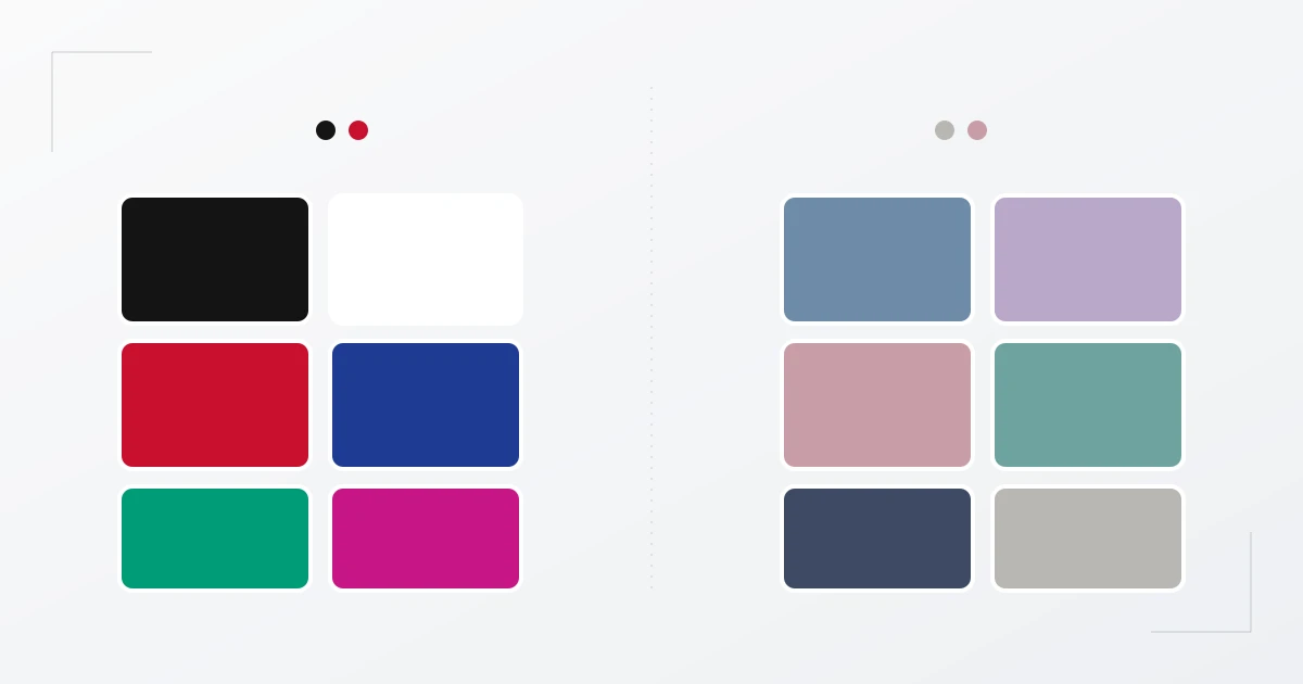 Wintertyp gegen Sommertyp im Vergleich: links Winter mit hohem Kontrast und klaren Farben (Schwarz, Weiß, echtes Rot, Royalblau, Smaragd, Magenta), rechts Sommer mit niedrigem Kontrast und gedämpften kühlen Tönen (Taubenblau, Mauve, Altrosa, Petrol, Marine, Taubengrau)